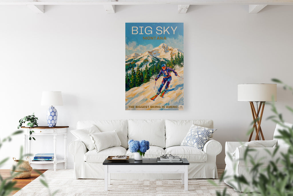 Big Sky Montana | Snow Print| The Biggest Skiing in America Travel Poster | Mountain Ski Resort| Giclée Print on Paper, Canvas, Wood, Metal
