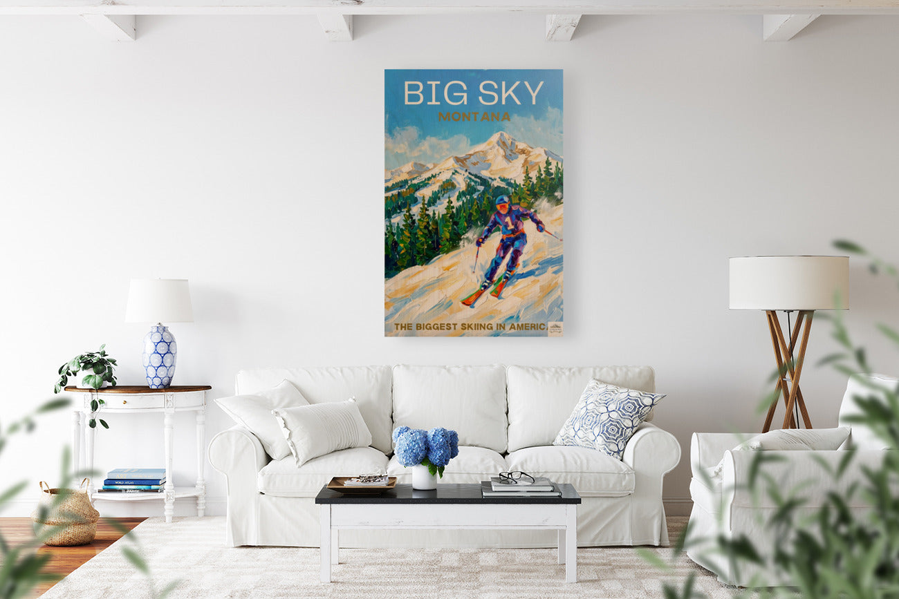Big Sky Montana | Snow Print| The Biggest Skiing in America Travel Poster | Mountain Ski Resort| Giclée Print on Paper, Canvas, Wood, Metal