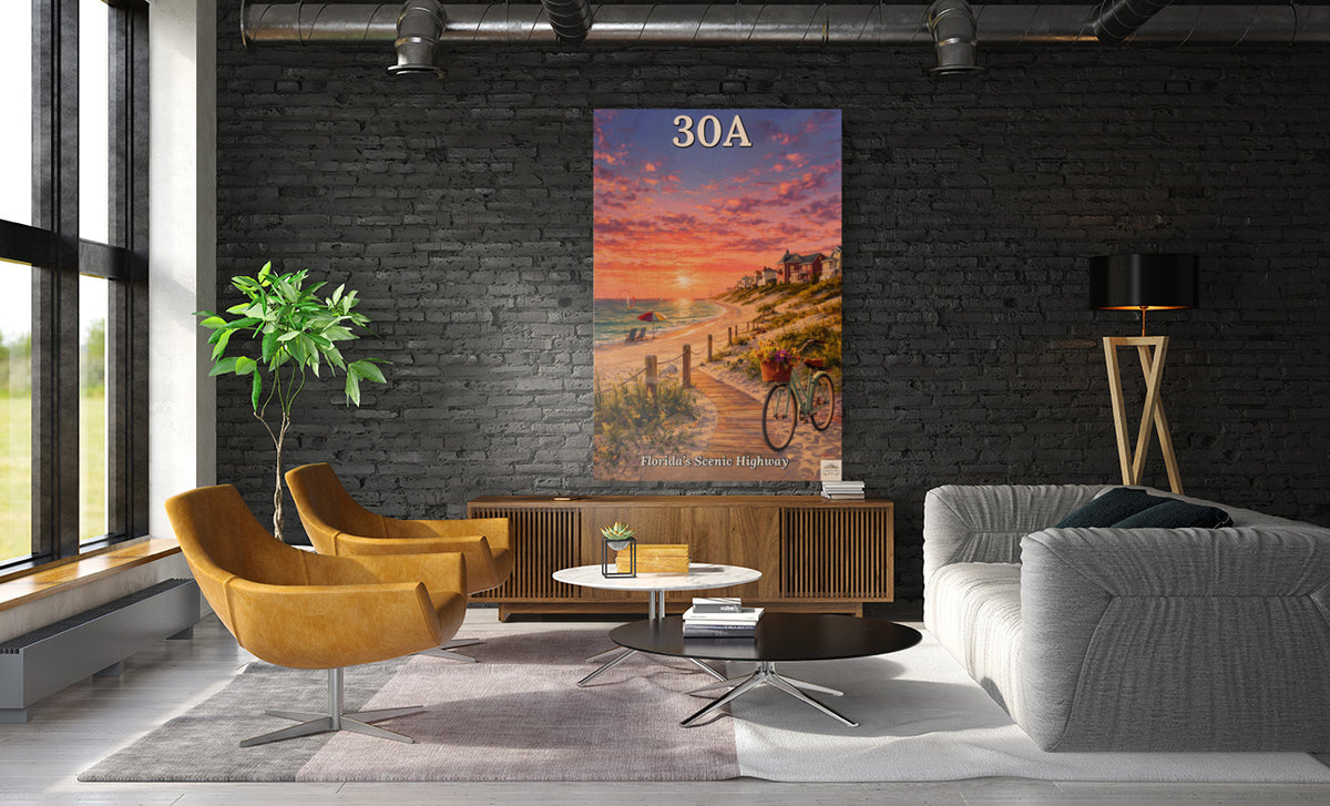 Bicycle Ride Along Florida 30A| Beach and Sunset Art| Travel Poster| Giclee Paper- Wood- Metal- Canvas