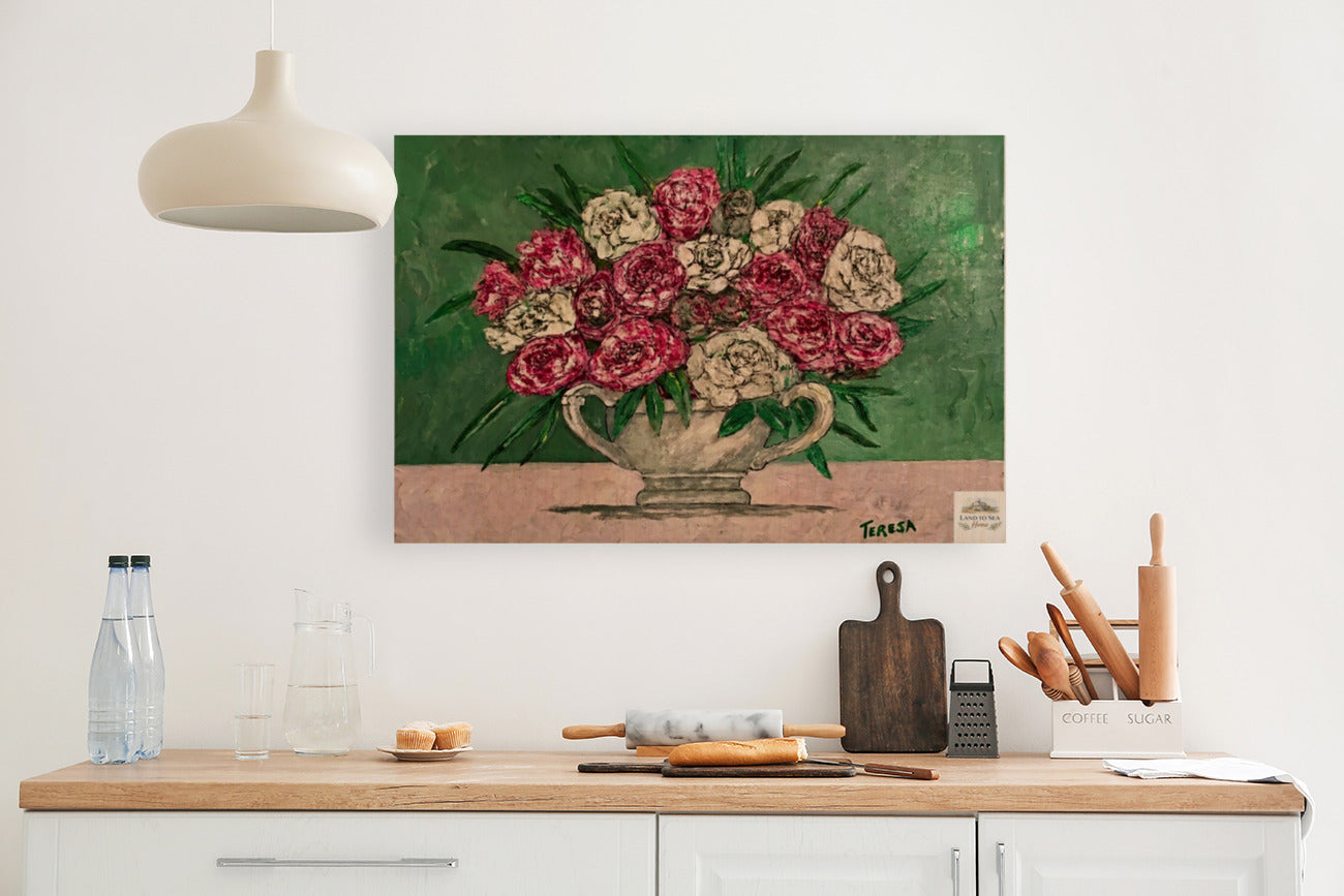 Garden's Best Arrangement | Original Teresa Johnson Floral Painting | Pink & White Roses in Vintage Pitcher | Giclée Paper • Wood • Metal • Canvas