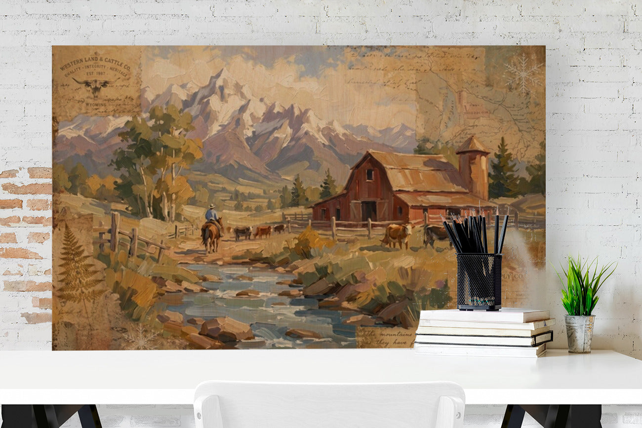 Rancher's Retreat| Rustic Ranch & Mountain Landscape Print | Western Farmhouse Giclée Print on Paper, Canvas, Wood & Metal