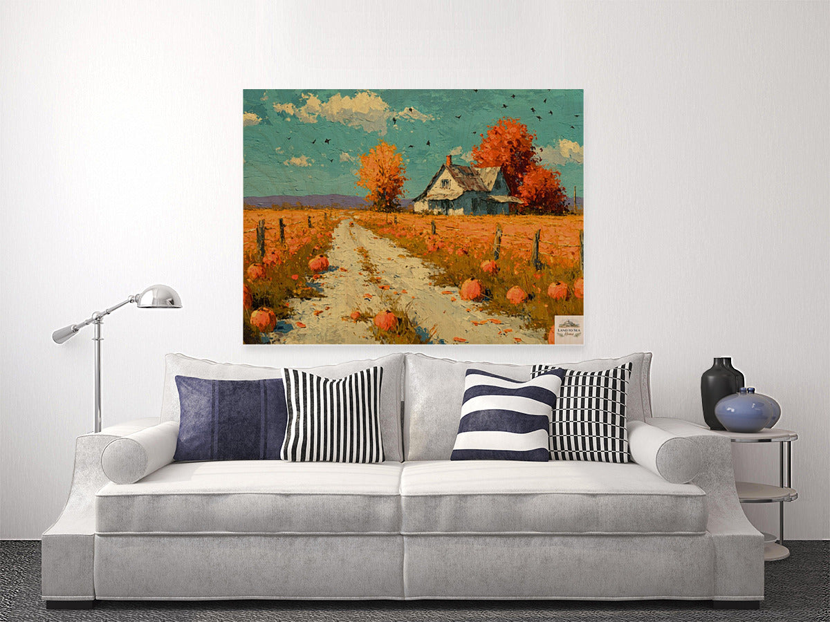 Autumn Farm Road | Fall Farmhouse Landscape Art | Pumpkin Patch Decor | Giclee Paper • Wood • Metal • Canvas
