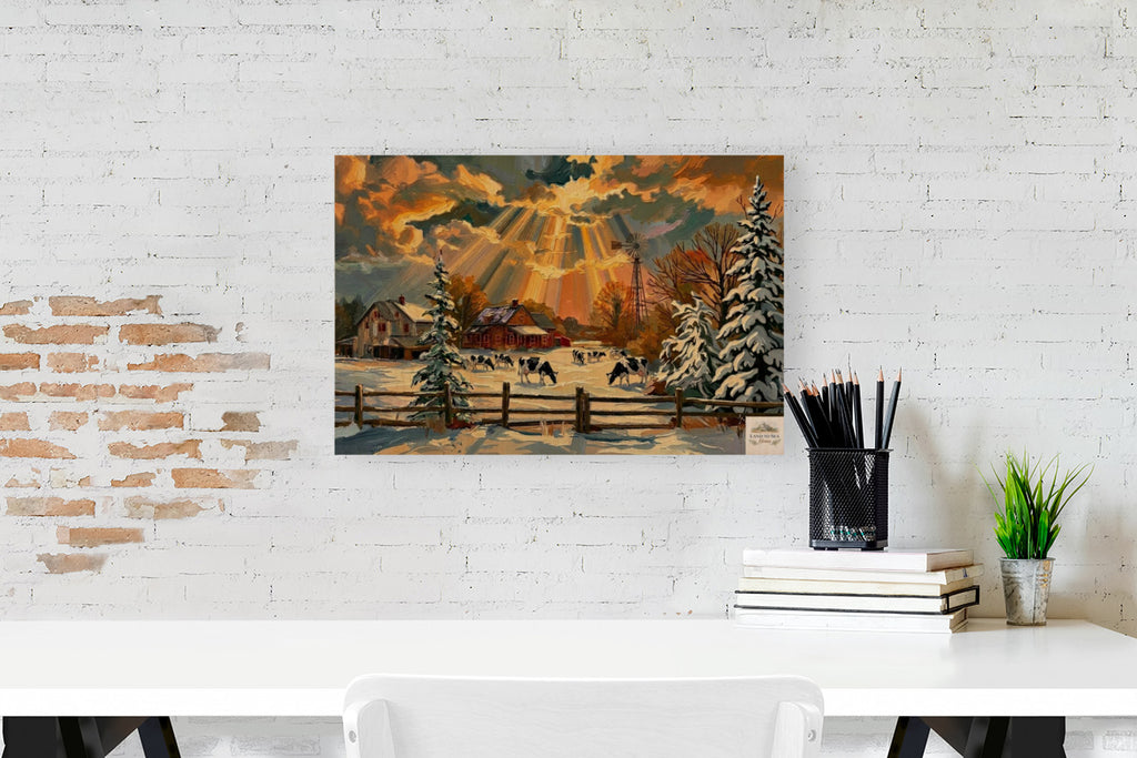 Winter Farm | Farmhouse Print| Snow Covered Ranch | Winter Art | Giclée Paper • Wood • Metal • Canvas