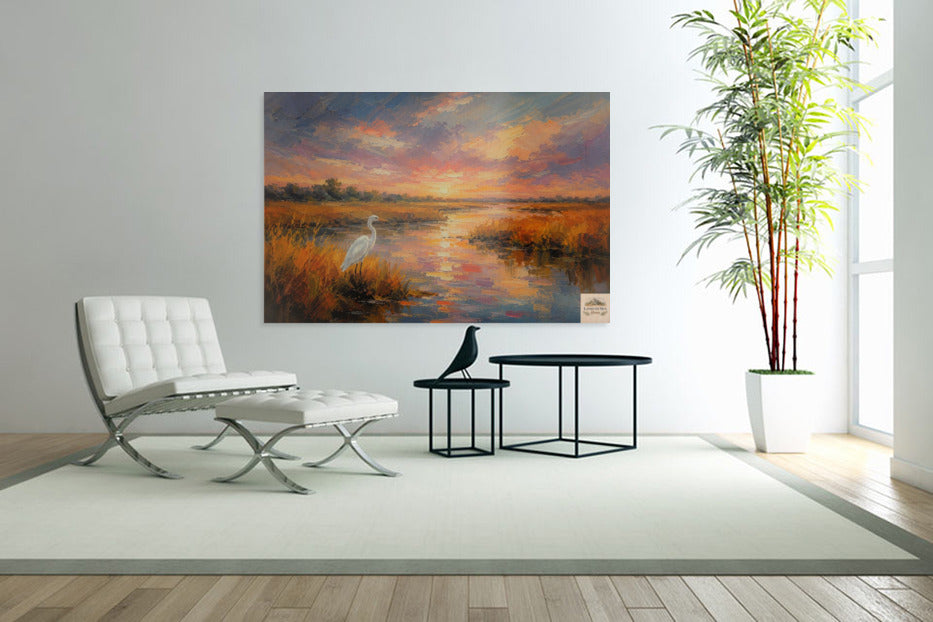 White Egret among the Reeds |Coastal Print| Shores Art | Florida River |Life in Tropical Area| Stream Art |Giclee Paper- Wood- Metal- Canvas