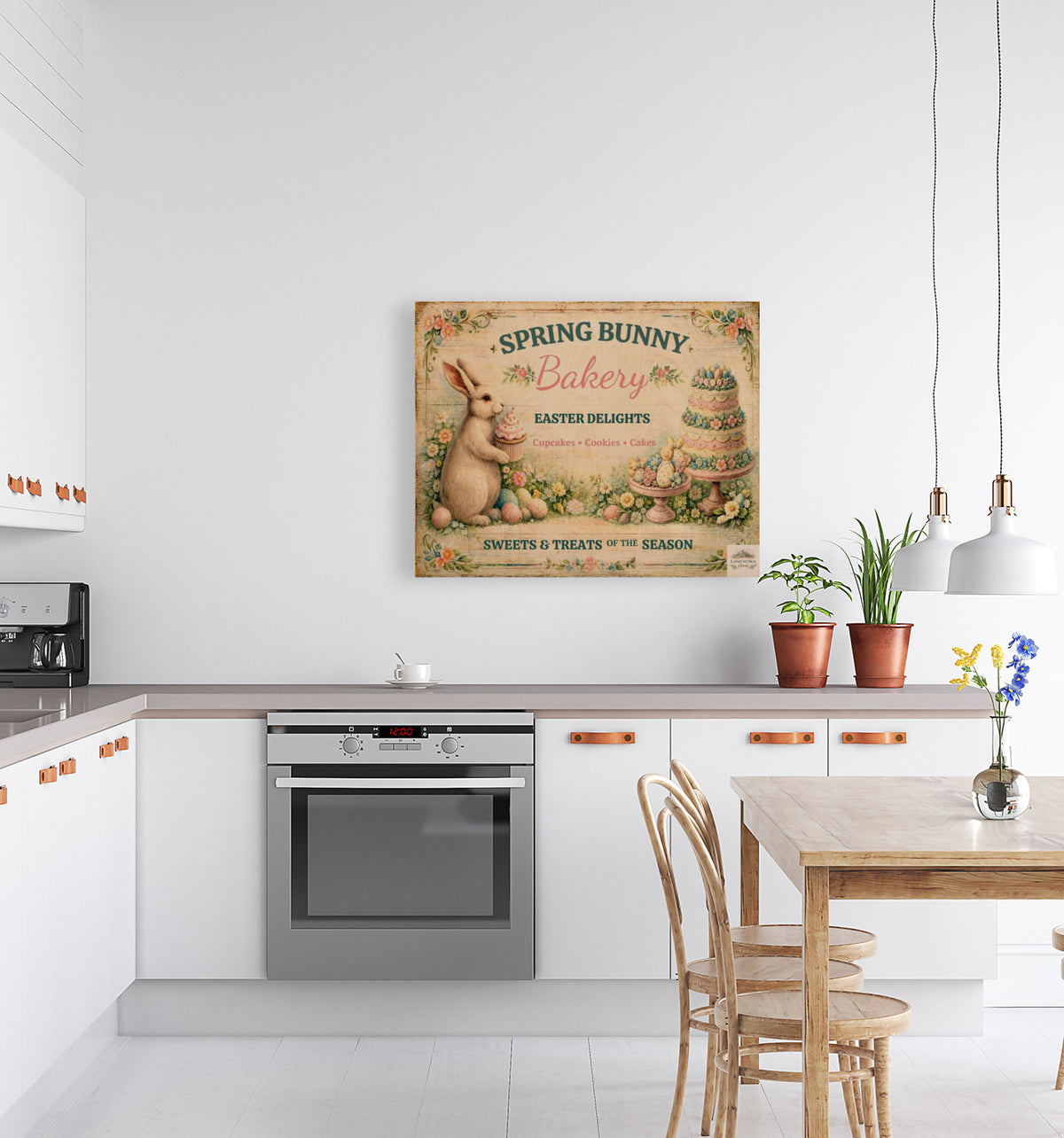Spring Bunny Bakery Sign With Treats| Prints, Canvas, Wood, or Metal Art