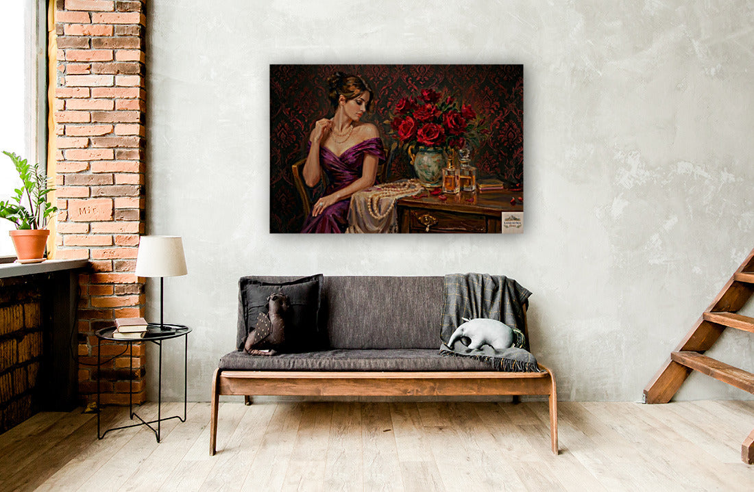 Lady of the Crimson Roses | Elegant Woman Portrait | Vintage Victorian Wall Art | Romantic Floral Giclée Print | Elegant Woman with Roses | Vintage Portrait Wall Art | Romantic Victorian Decor | Giclée Print on Paper, Canvas, Wood & Metal