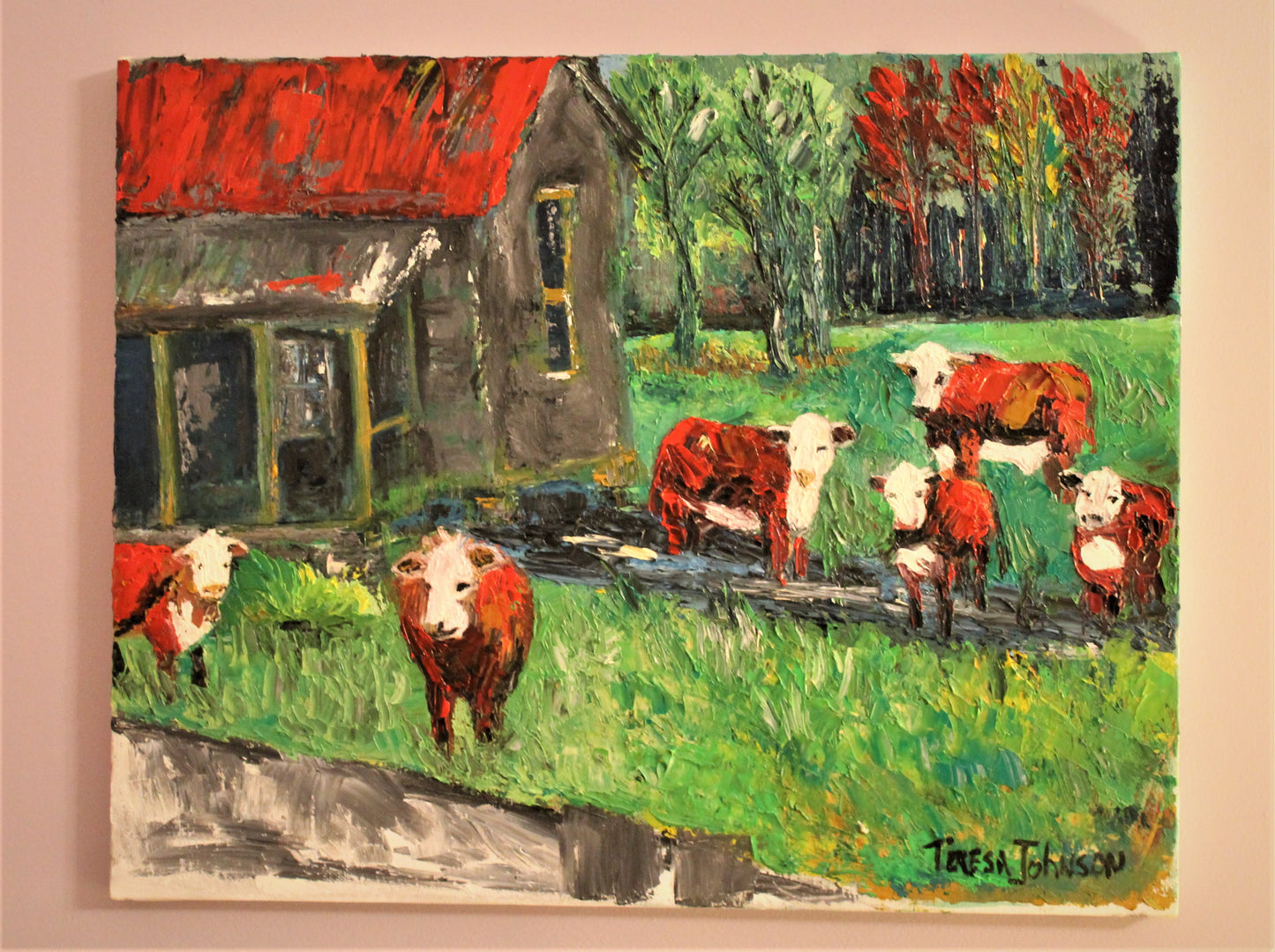 In the Puddles. 16x20 Textured Oil Painting of Cows standing by an old Farmhouse.