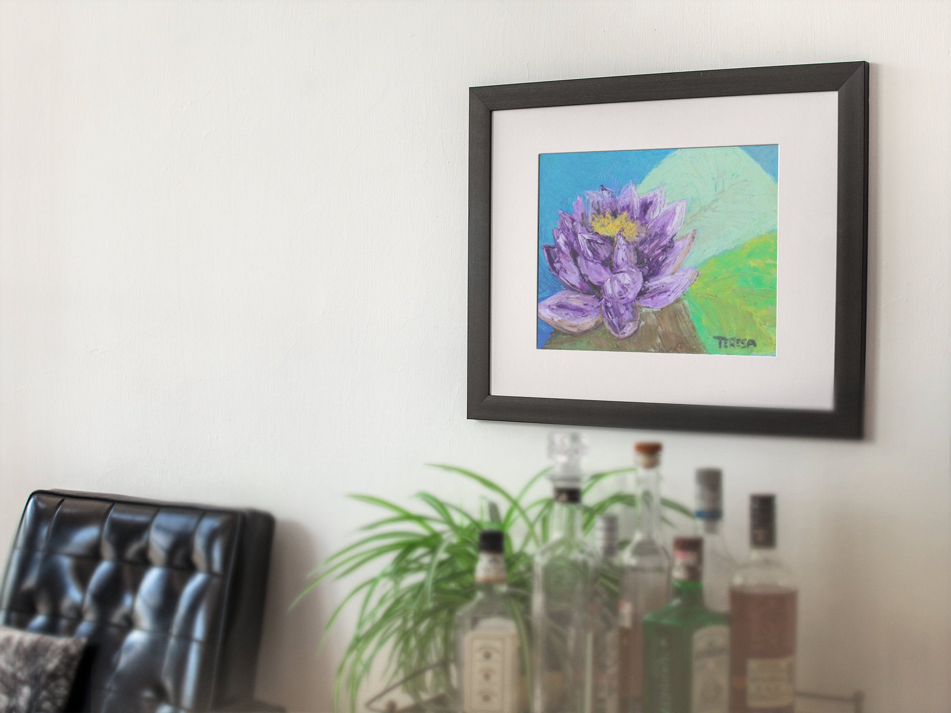 Purple Beauty. Lovely Water Lily in Rich Purple Tones Textured Impressionist Wall Art | Original Acrylic Painting| Purple Beauty. Lovely Water Lily (8x10x .5-inch) | Teresa Johnson