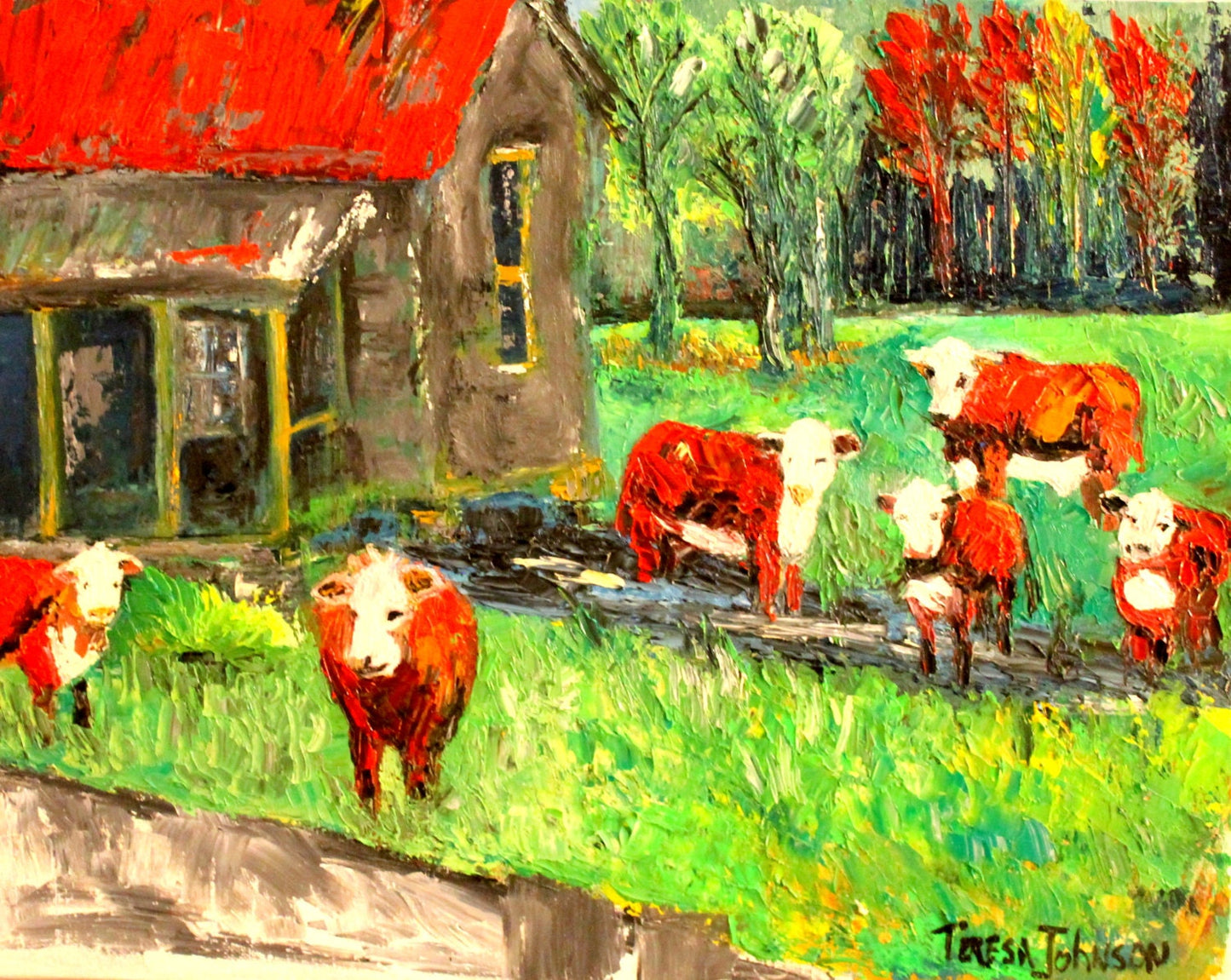 In the Puddles. 16x20 Textured Oil Painting of Cows standing by an old Farmhouse.