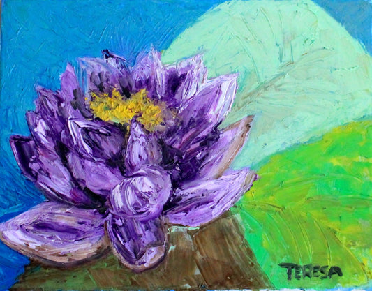 Purple Beauty. Lovely Water Lily. Heavy textured Oil Paint on 11x14 Canvas. Purple Flower in Pond with Large Leaves.