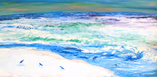 Breakfast in Destin. Birds having their morning meal in the white sand in Destin Fla. 24x48 Huge Textured Painting.